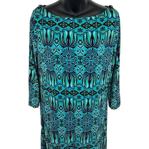 Tory Burch Shift Blue Green Geometric Silk Dress Medium M 3/4 Sleeve Stretch - Picture 2 of 10